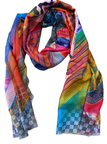 Silk Merino Mix Scarf in Multi Colour Geometric Pattern