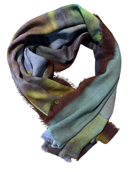 Water Colour Effect Merino Wool Blend Scarf in Greens, Yellows, Dark Plum.