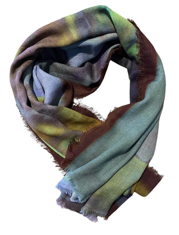 Water Colour Effect Merino Wool Blend Scarf in Greens, Yellows, Dark Plum.