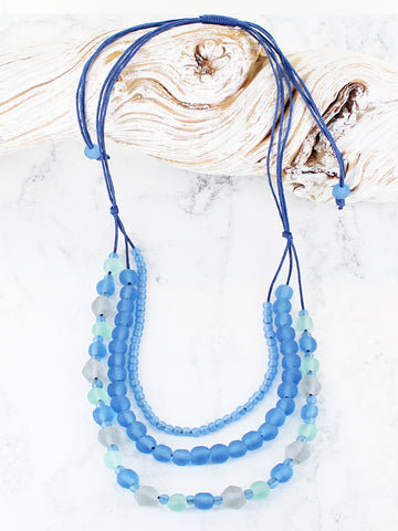 Triple Strand Recycled Glass Necklace Blue