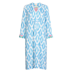 Ikat Embrodered Midi Dress Linen in Blue