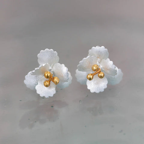 Silver Cherry Blossom Flower Stud Earrings