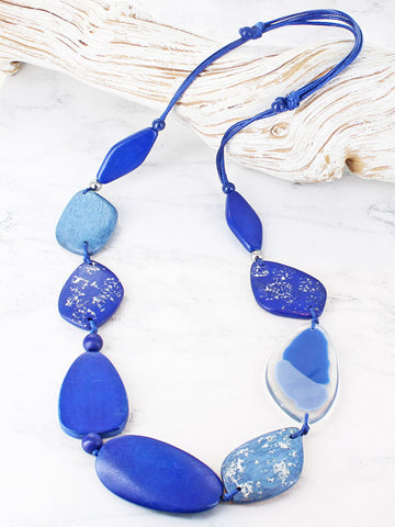 Long Blue Resin and Wood Necklace