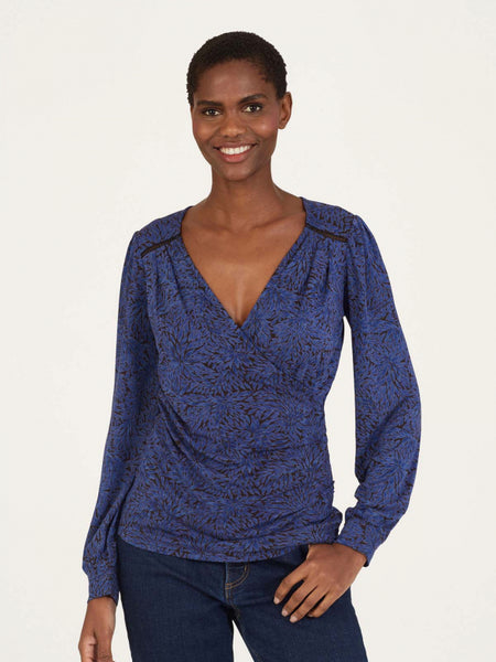 Adoette Printed Wrap Top in Dark Sapphire Blue